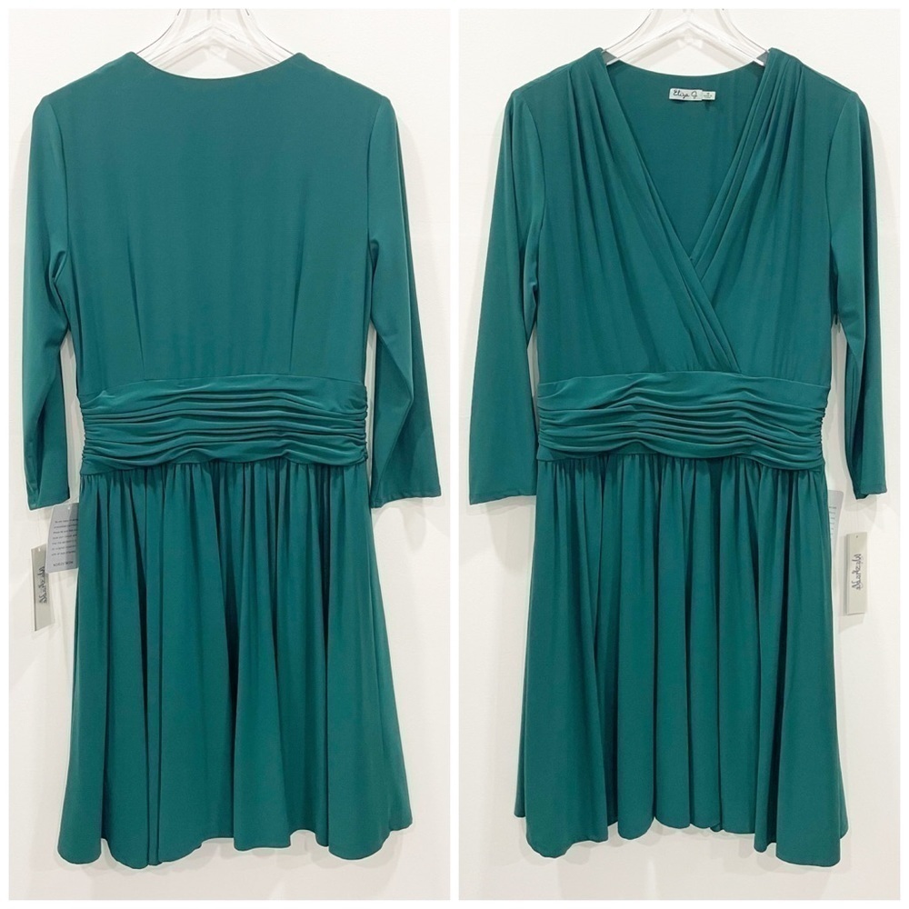Eliza J Emerald Green V Neck Jersey Knit Evening Dress 3/4 Sleeve New 14 Holiday